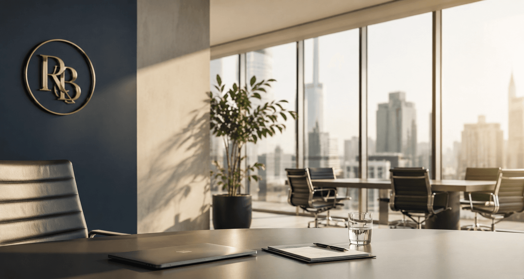 Oficina ejecutiva con vista a la ciudad — planificación estratégica y continuidad de negocio